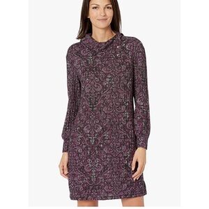 London Times Blurry Medallions Turtleneck Shift Wine & Grey Paisley, Size L, NWT